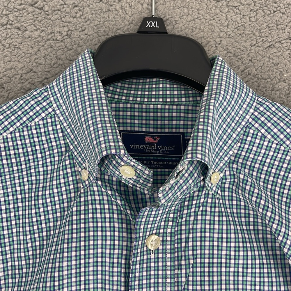 Vineyard vines purple green squared print button down long sleeve medium shirt - Picture 5 of 13